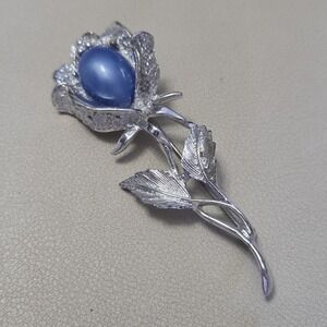 Vintage EMMONS Signed Silver Tone Periwinkle Blue Floral Flower Stem Brooch